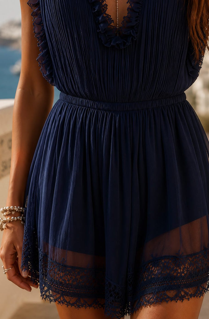 Women's Boho Navy Lace-Trim Pleated V-Neck Romper