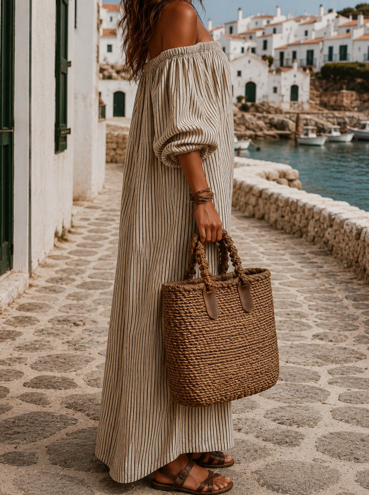 Women's Boho Off-Shoulder Striped Linen-Blend Maxi Dress