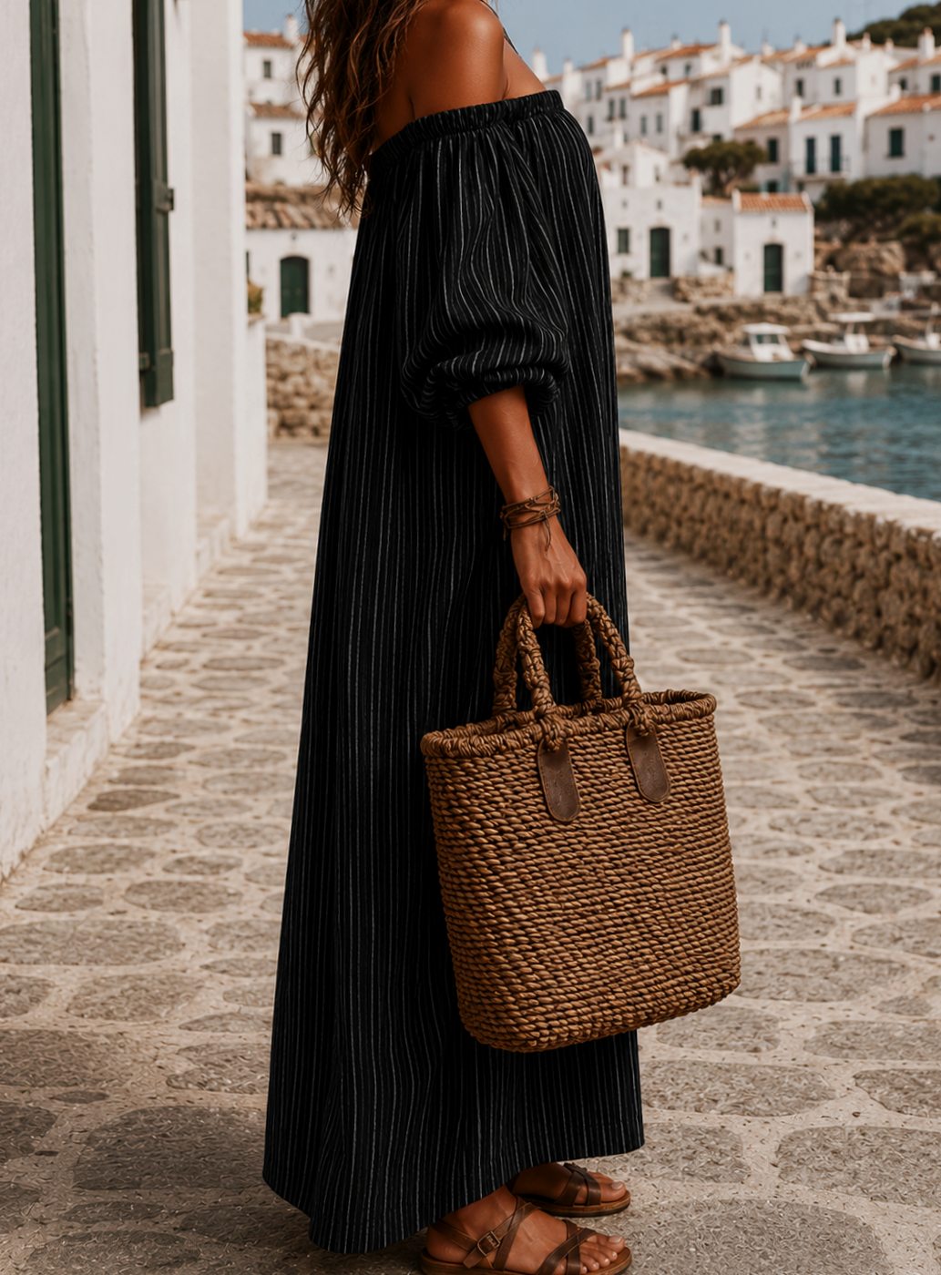 Women's Boho Off-Shoulder Striped Linen-Blend Maxi Dress