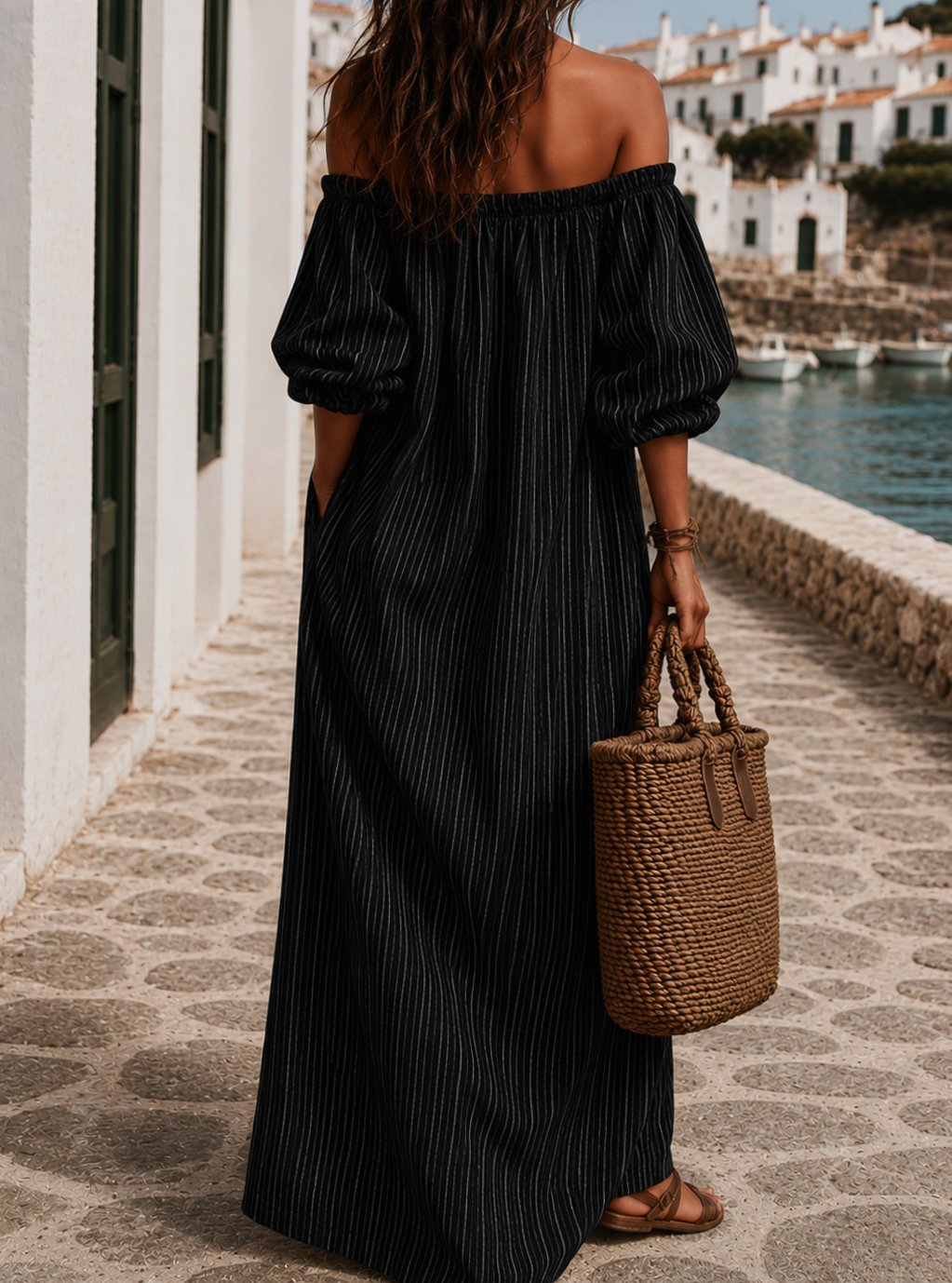 Women's Boho Off-Shoulder Striped Linen-Blend Maxi Dress