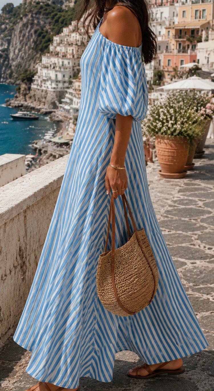 Women's Boho One-Shoulder Striped Flowy Maxi Dress