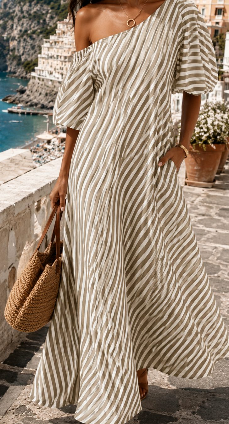 Women's Boho One-Shoulder Striped Flowy Maxi Dress - Khaki