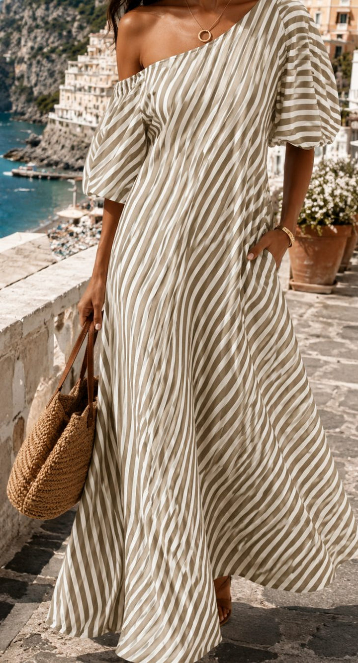 Women's Boho One-Shoulder Striped Flowy Maxi Dress - Khaki