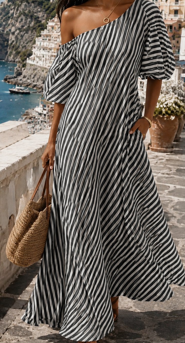 Women's Boho One-Shoulder Striped Flowy Maxi Dress - Black
