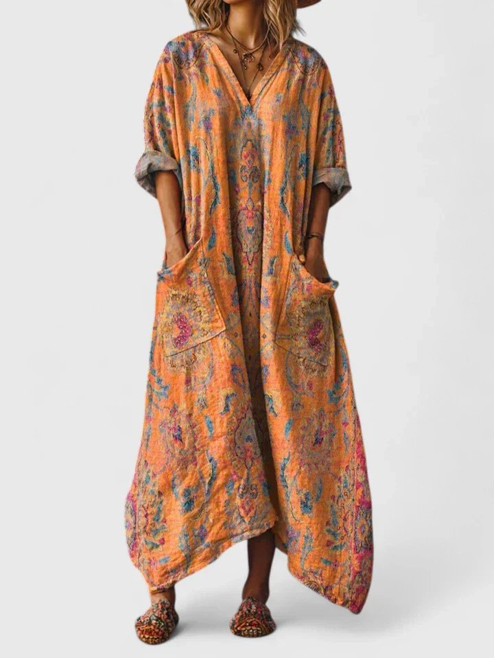 Women's Boho Paisley Print Oversized Cotton Maxi Dress - Orange