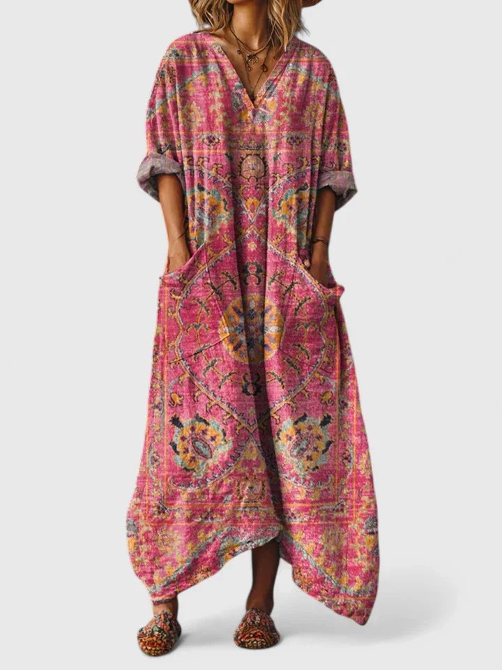 Women's Boho Paisley Print Oversized Cotton Maxi Dress - Dark Pink