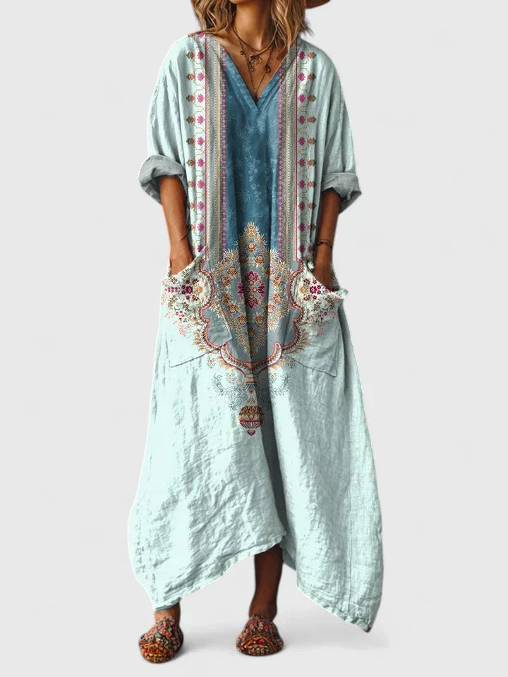 Women's Boho Paisley Print Oversized Cotton Maxi Dress - Powder Blue