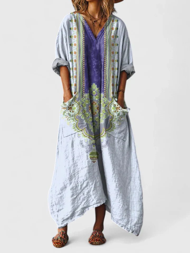 Women's Boho Paisley Print Oversized Cotton Maxi Dress - Light Blue