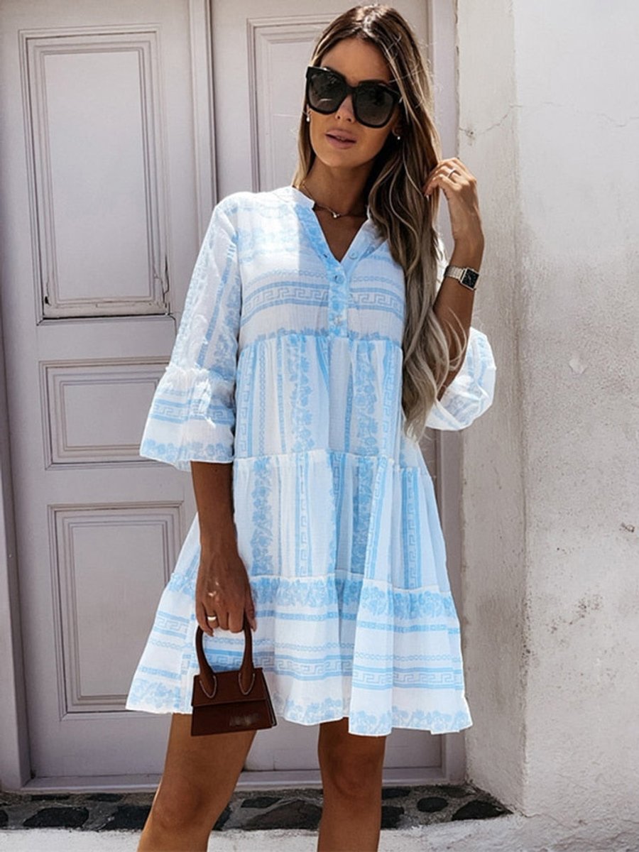 Women's Boho Tiered Tunic Mini Dress Floral Print
