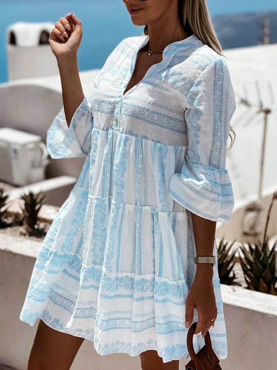 Women's Boho Tiered Tunic Mini Dress Floral Print