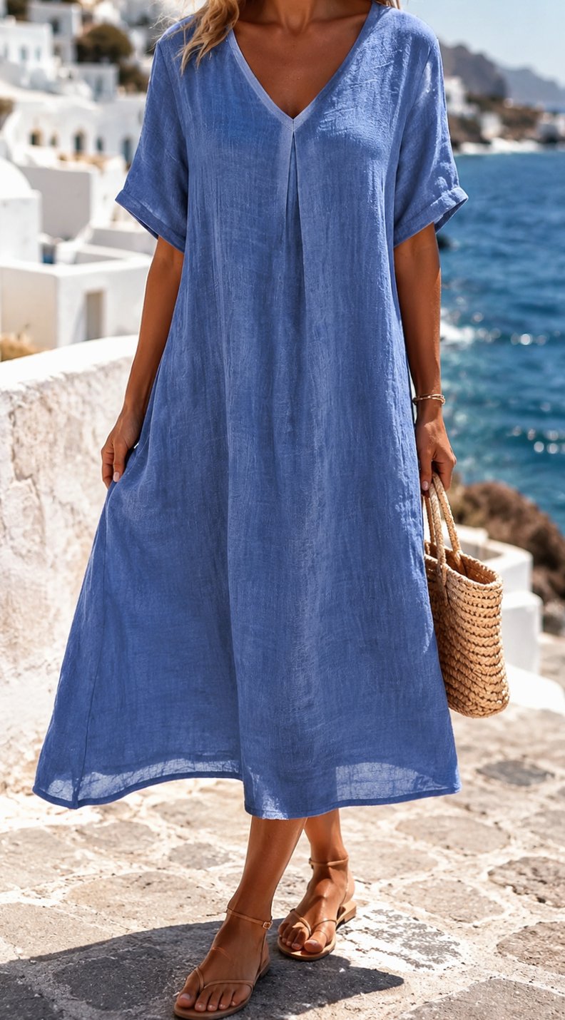 Women's Boho V-Neck Short Sleeve Flowy Midi Dress - Blue
