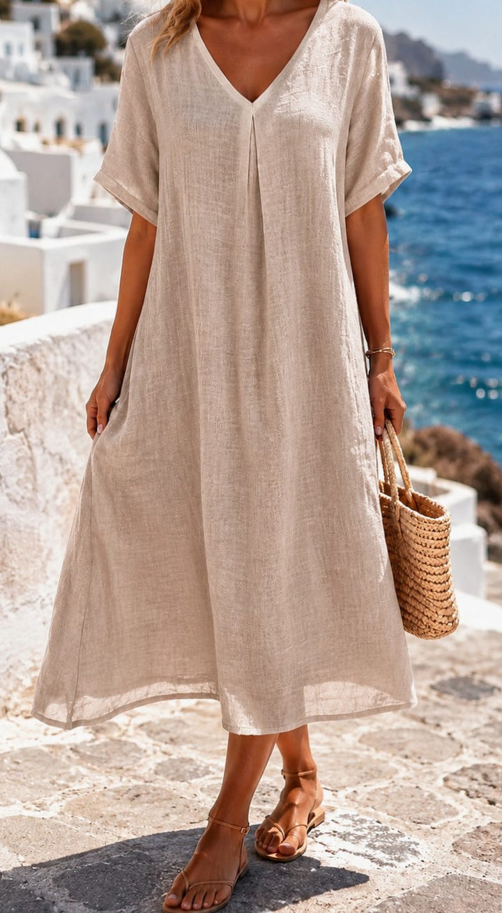 Women's Boho V-Neck Short Sleeve Flowy Midi Dress - Beige