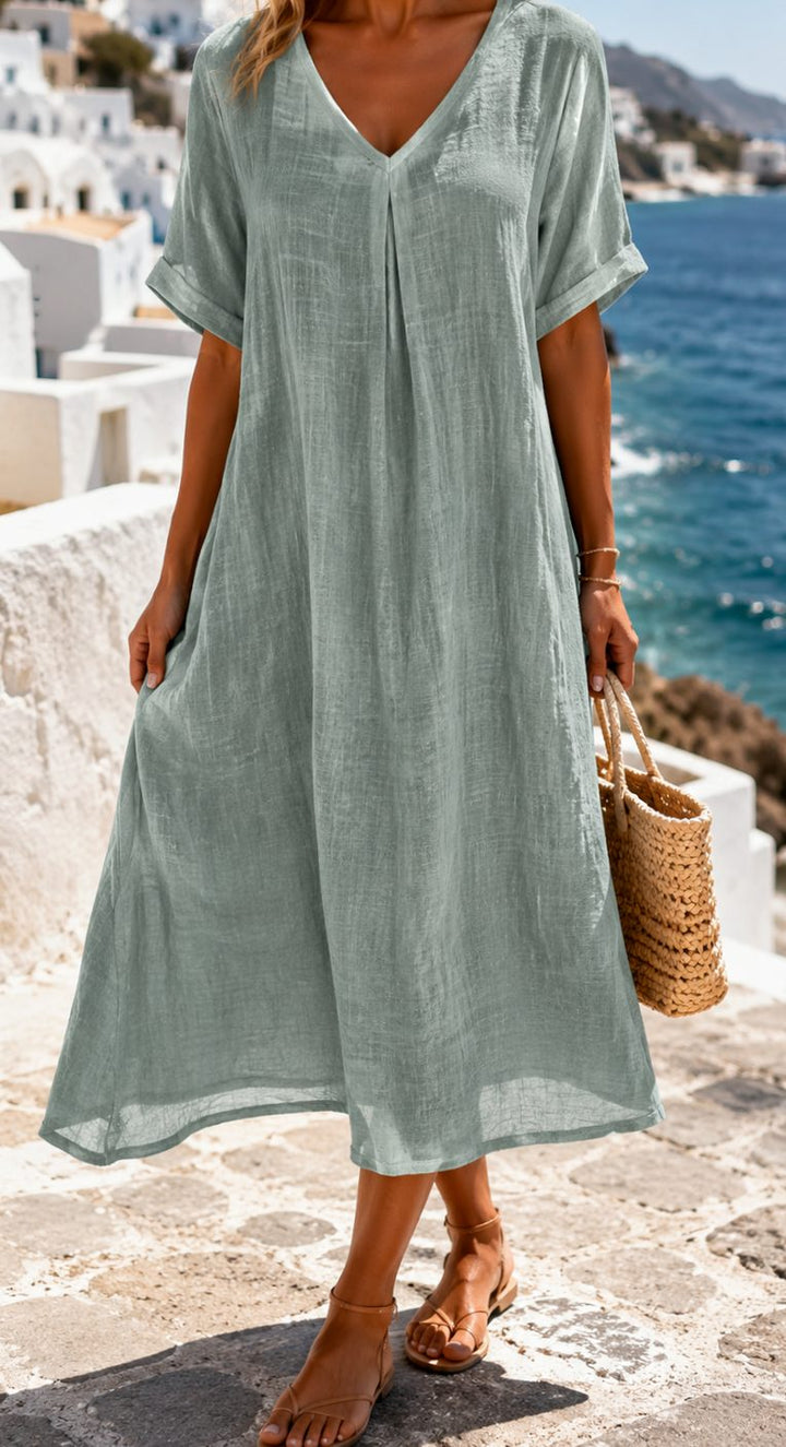 Women's Boho V-Neck Short Sleeve Flowy Midi Dress - Light Green