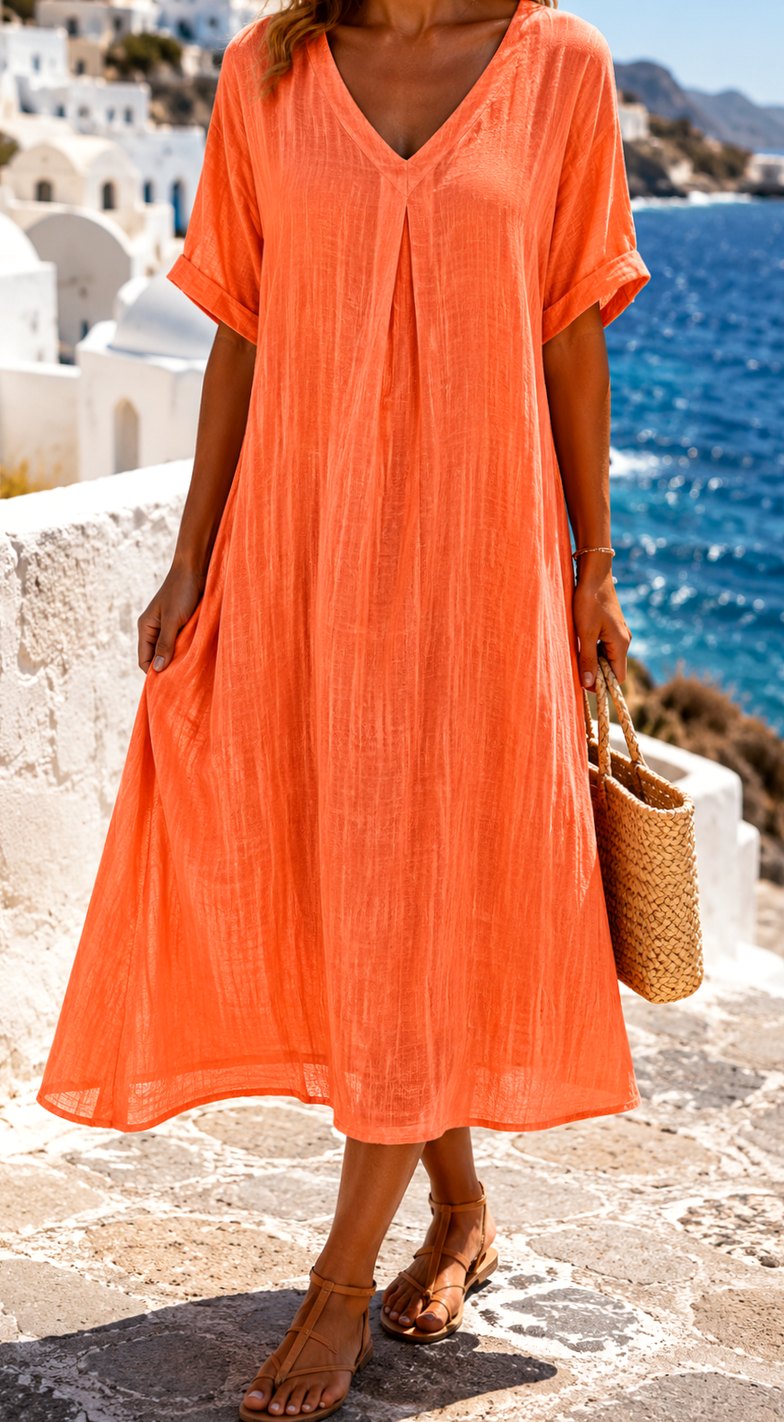 Women's Boho V-Neck Short Sleeve Flowy Midi Dress - Orange