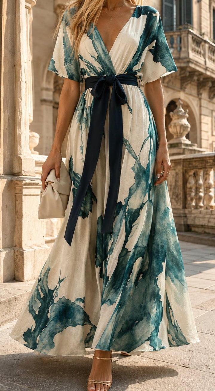 Women's Boho Watercolor-Print V-Neck Belted Maxi Dress