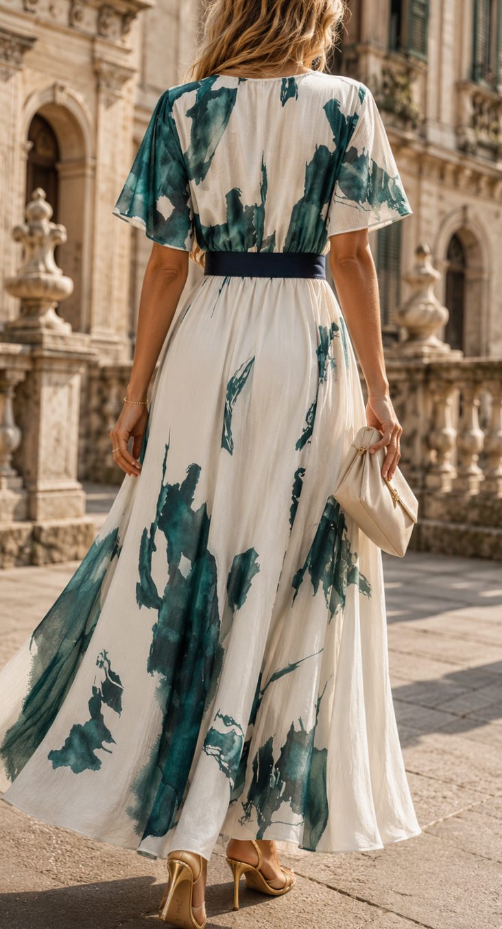 Women's Boho Watercolor-Print V-Neck Belted Maxi Dress