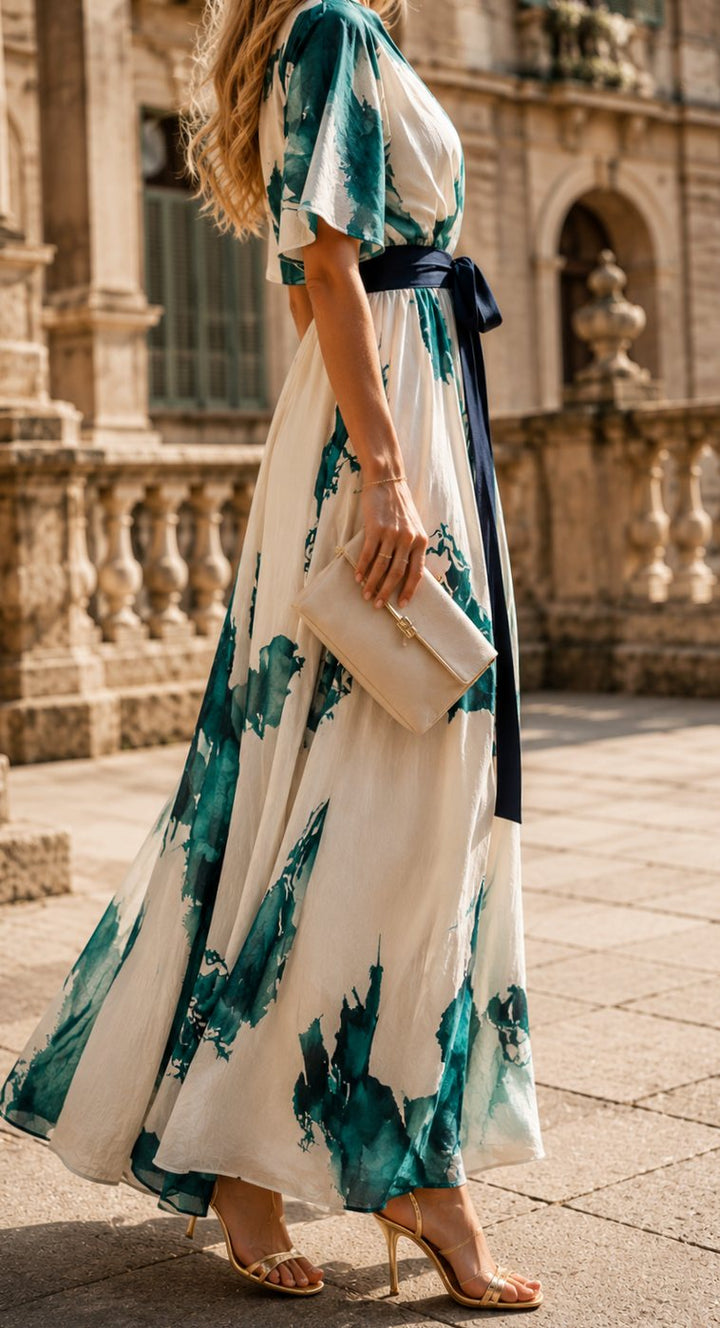 Women's Boho Watercolor-Print V-Neck Belted Maxi Dress