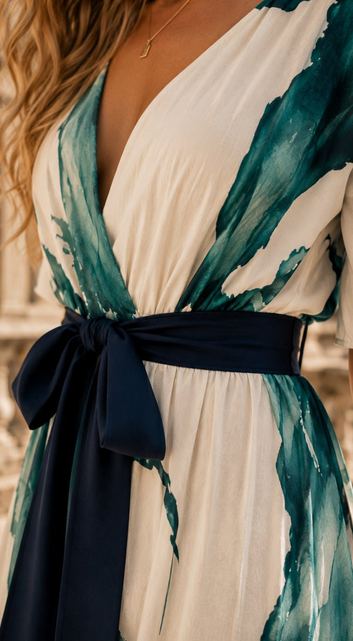 Women's Boho Watercolor-Print V-Neck Belted Maxi Dress