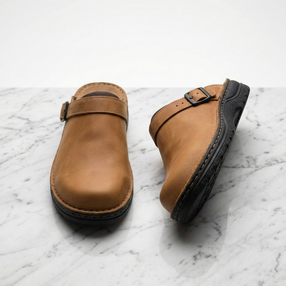 Women's Boots Premium Leather Slip-On Cushioned Clogs - Brown