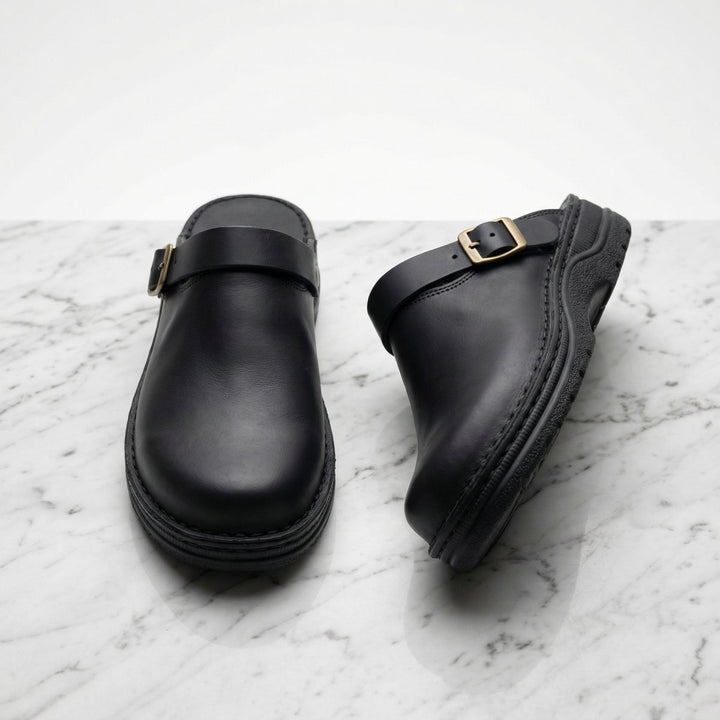 Women's Boots Premium Leather Slip-On Cushioned Clogs - Black