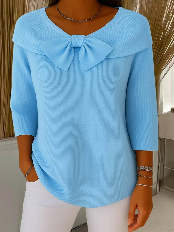Women's Bow-Detail Ribbed Knit Sweater 3/4 Sleeve Top - Blue