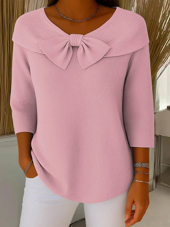 Women's Bow-Detail Ribbed Knit Sweater 3/4 Sleeve Top - Pink