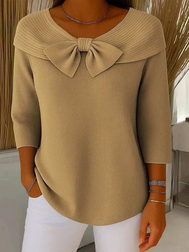 Women's Bow-Detail Ribbed Knit Sweater 3/4 Sleeve Top - Khaki