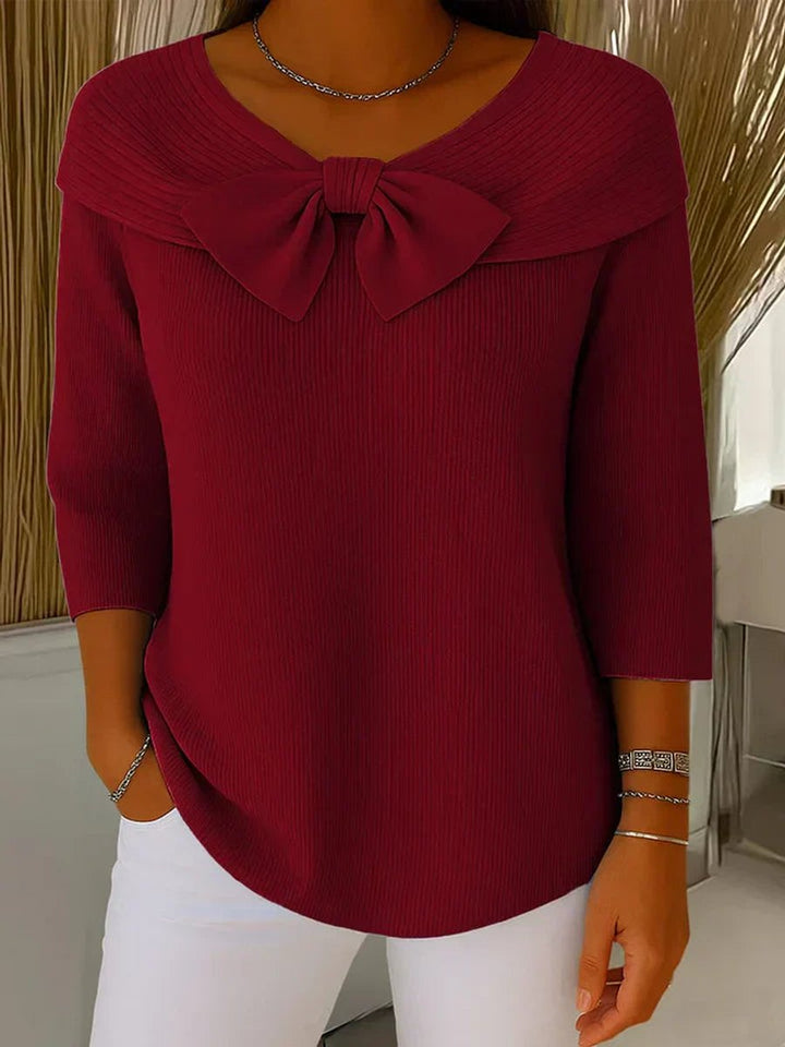 Women's Bow-Detail Ribbed Knit Sweater 3/4 Sleeve Top - Red