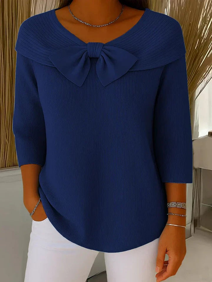 Women's Bow-Detail Ribbed Knit Sweater 3/4 Sleeve Top - Dark Blue