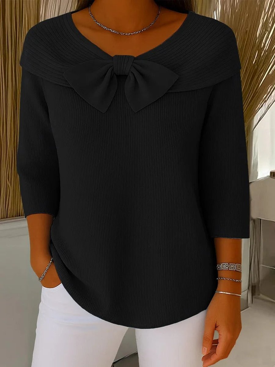 Women's Bow-Detail Ribbed Knit Sweater 3/4 Sleeve Top - Black