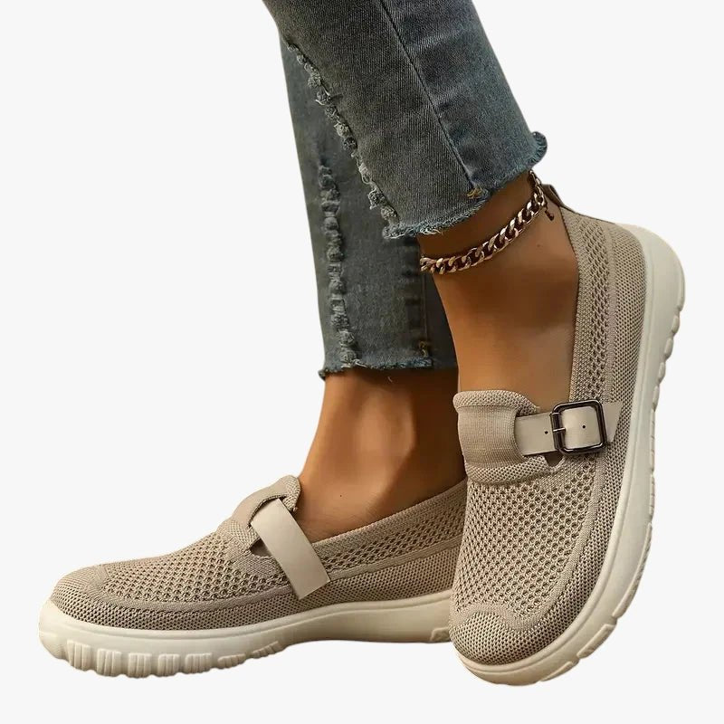 Women's Breathable Mesh Buckle-Strap Slip-On Loafers Arch Support - Beige