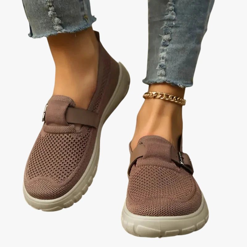 Women's Breathable Mesh Buckle-Strap Slip-On Loafers Arch Support - Brun