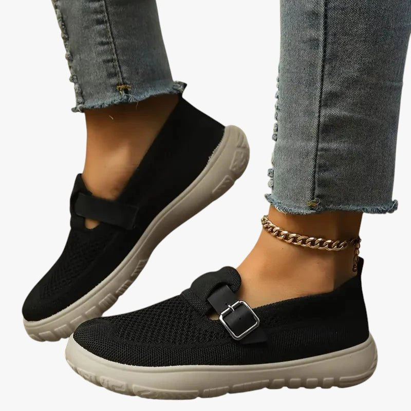 Women's Breathable Mesh Buckle-Strap Slip-On Loafers Arch Support - Sort
