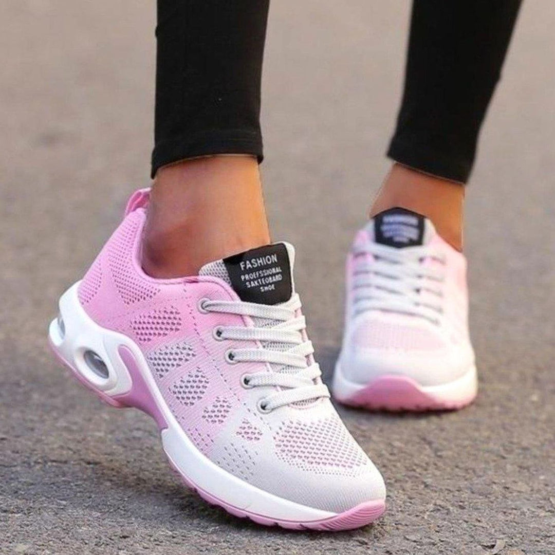 Women's Breathable Mesh Lace-Up Air-Cushion Running Shoes - Light Pink