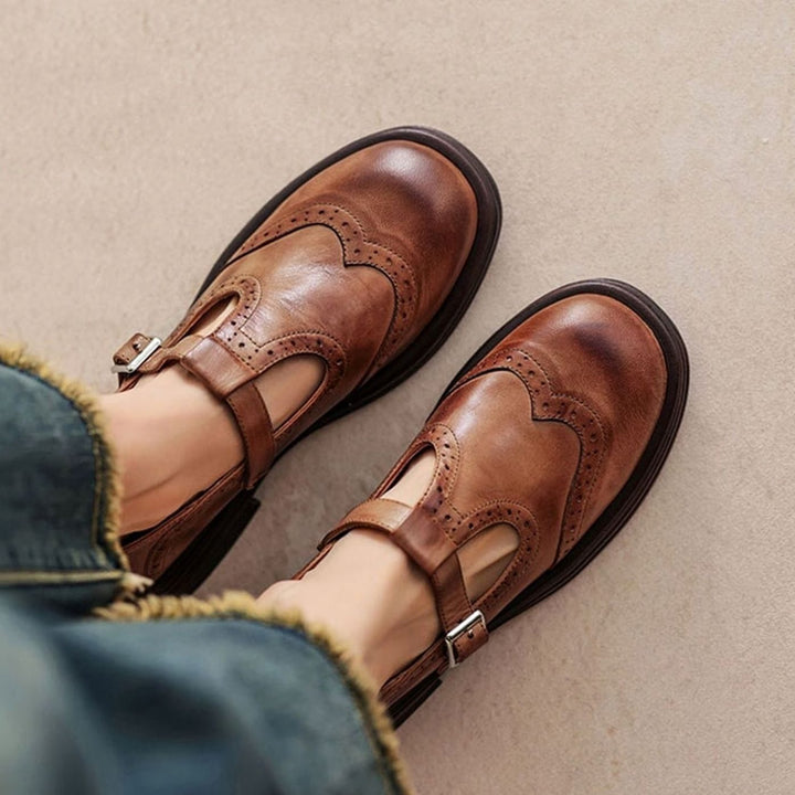 Women's Brogue T-Strap Buckle Mary Jane Flats