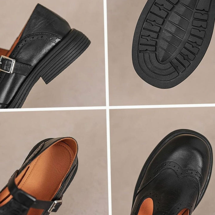 Women's Brogue T-Strap Buckle Mary Jane Flats