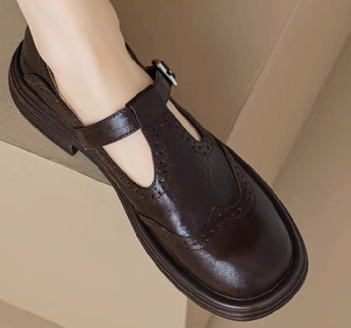 Women's Brogue T-Strap Buckle Mary Jane Flats - Dark Brown