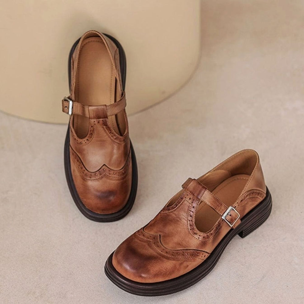 Women's Brogue T-Strap Buckle Mary Jane Flats