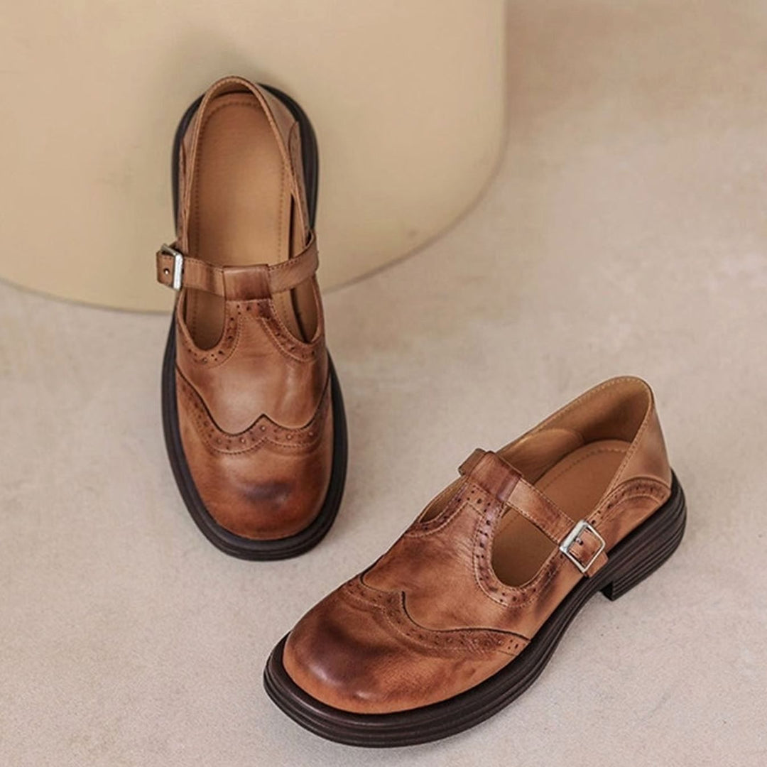 Women's Brogue T-Strap Buckle Mary Jane Flats