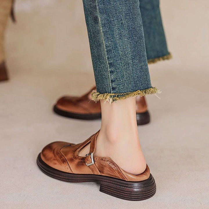Women's Brogue T-Strap Buckle Mary Jane Flats