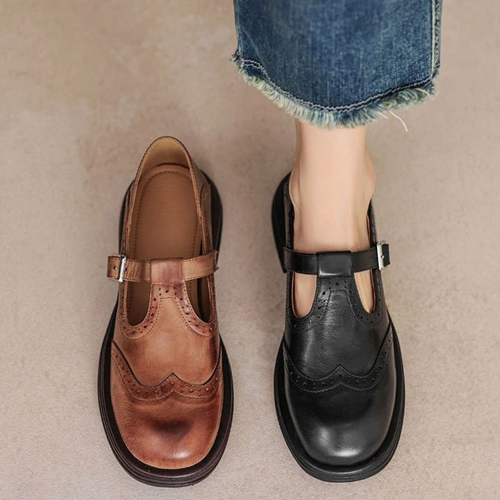 Women's Brogue T-Strap Buckle Mary Jane Flats