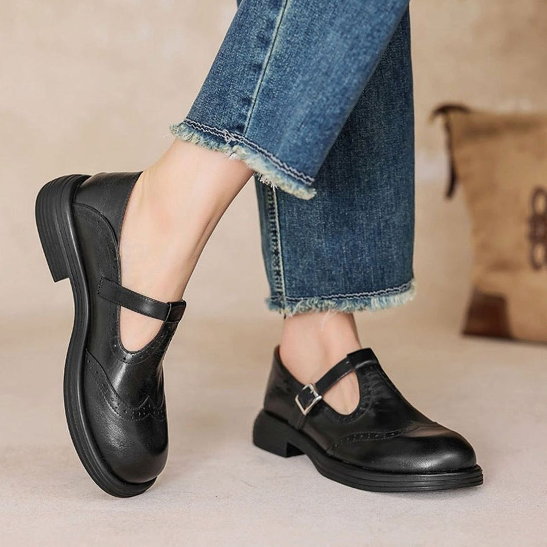 Women's Brogue T-Strap Buckle Mary Jane Flats