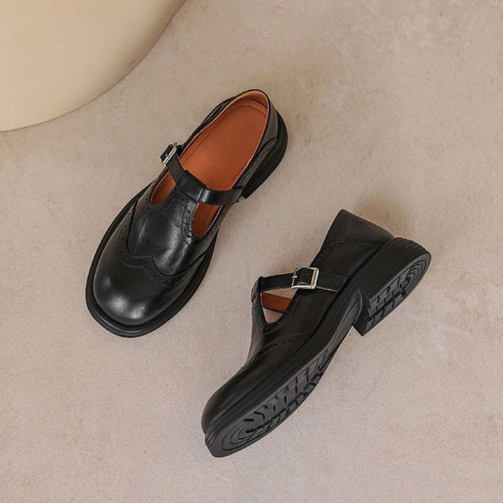 Women's Brogue T-Strap Buckle Mary Jane Flats