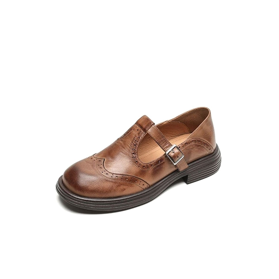 Women's Brogue T-Strap Buckle Mary Jane Flats - Brown