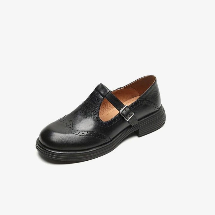 Women's Brogue T-Strap Buckle Mary Jane Flats - Black