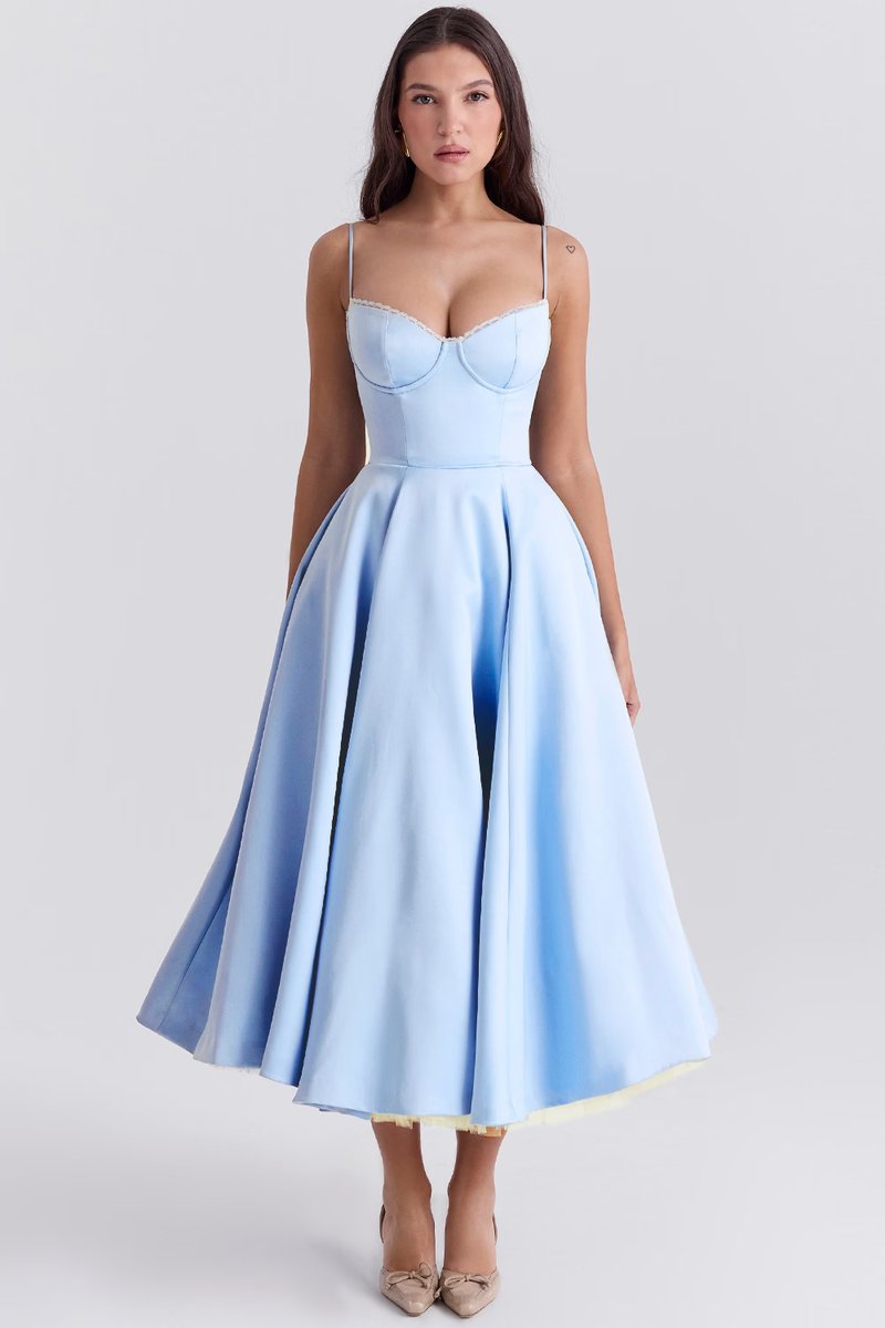 Women's Bustier Midi Cocktail Party Dress Full Skirt - Blue