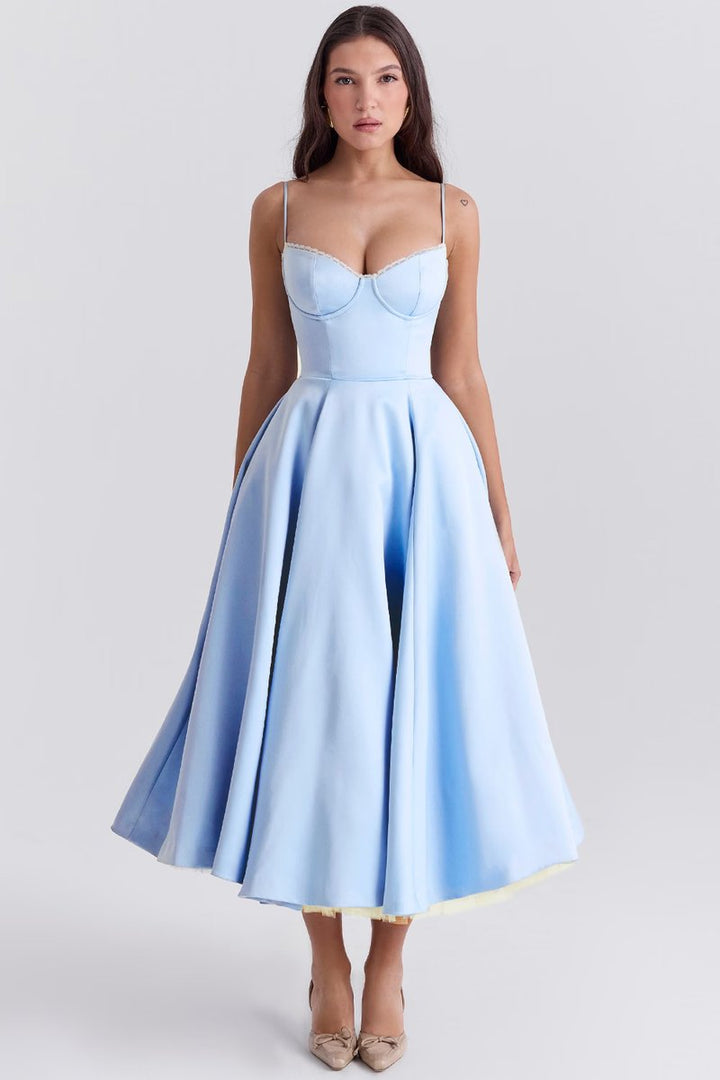 Women's Bustier Midi Cocktail Party Dress Full Skirt - Blue