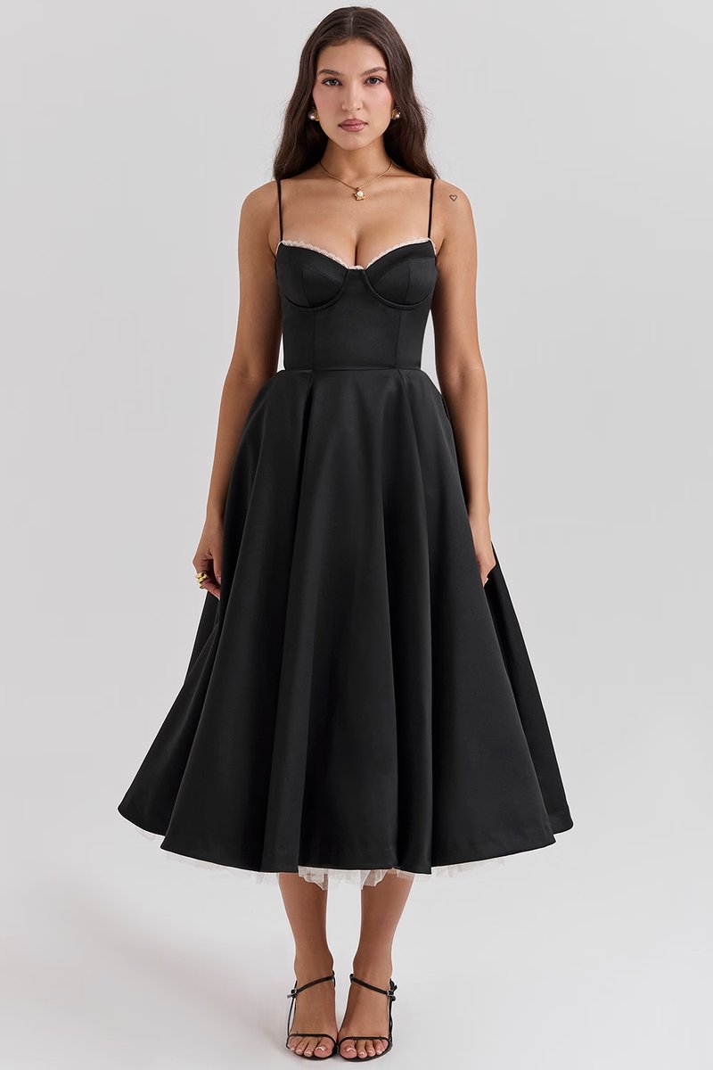 Women's Bustier Midi Cocktail Party Dress Full Skirt - Black