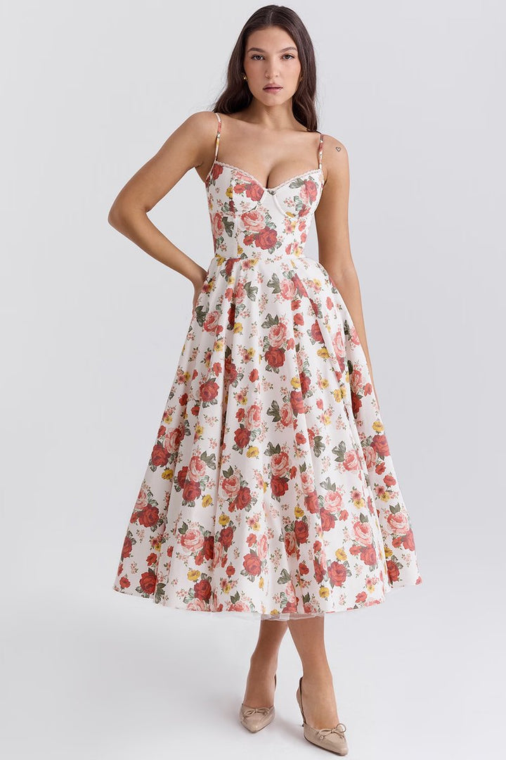 Women's Bustier Midi Cocktail Party Dress Full Skirt - Floral