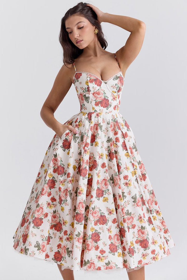 Women's Bustier Midi Cocktail Party Dress Full Skirt